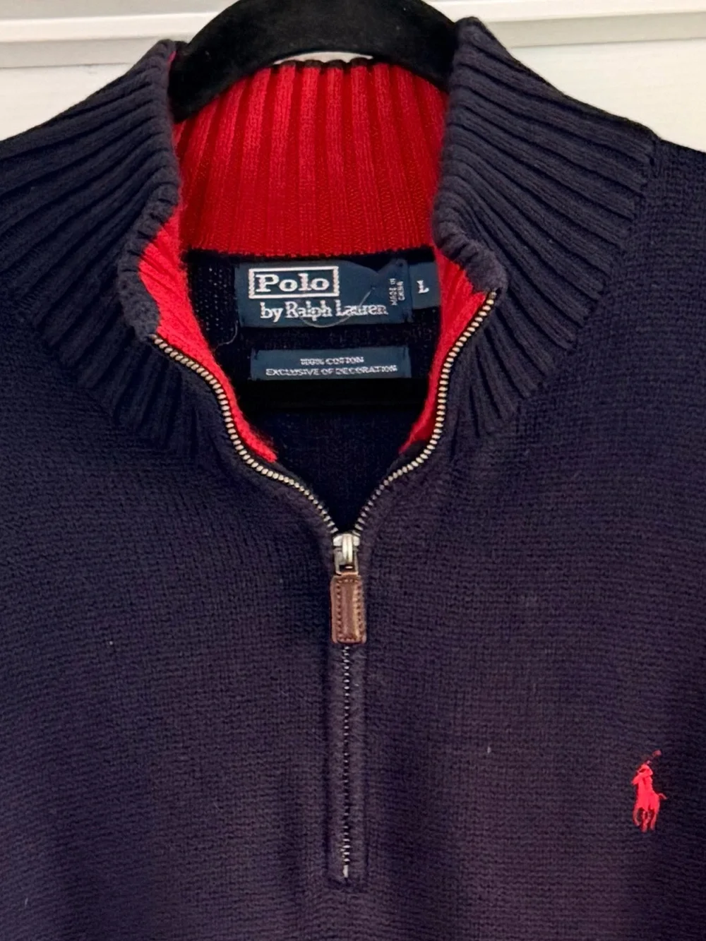 Polo by Ralph Lauren Vintage Men’s Navy Quarter-Zip Sweater with Red Trim Sz L